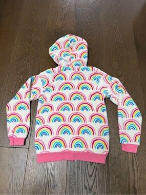 Hatley White Rainbow Hooded Fleece Sweatshirt with Pink Trim